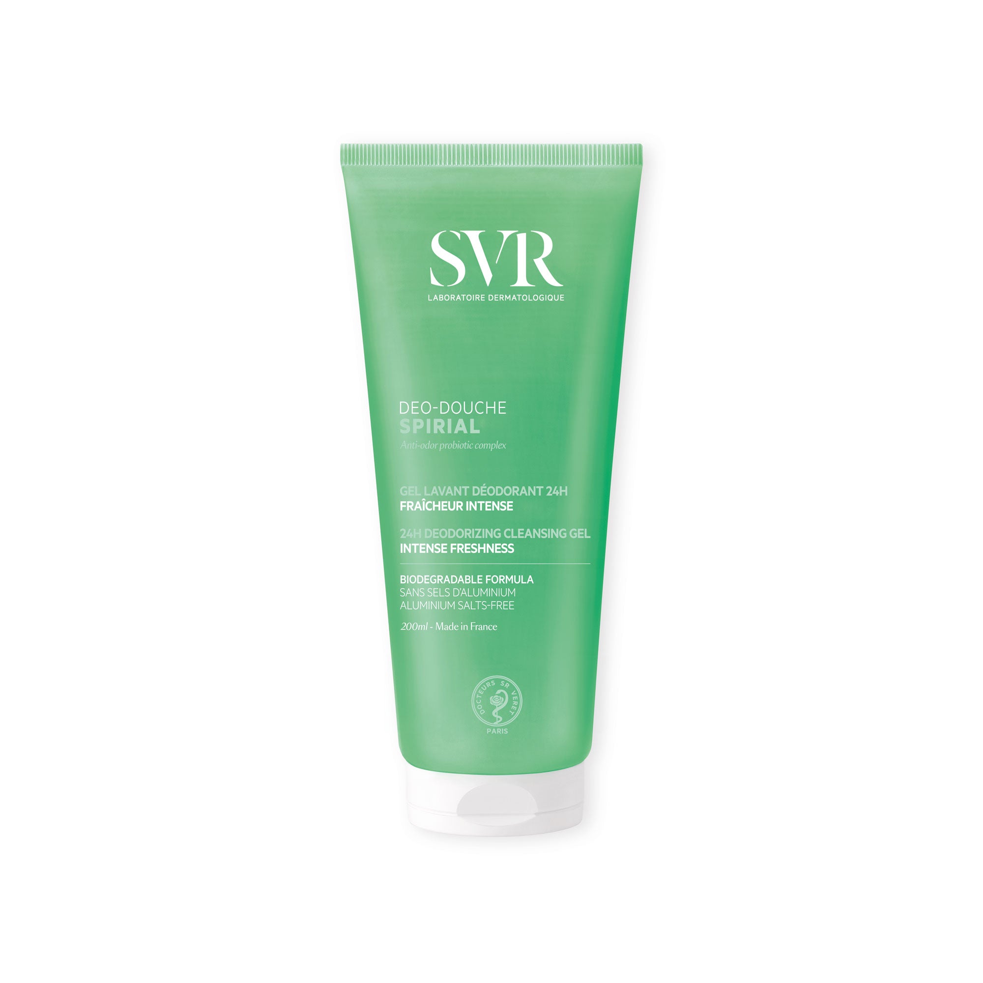 Tube de gel douche déodorant SVR Spirial 200ml vert translucide avec bouchon blanc et texte blanc informatif.