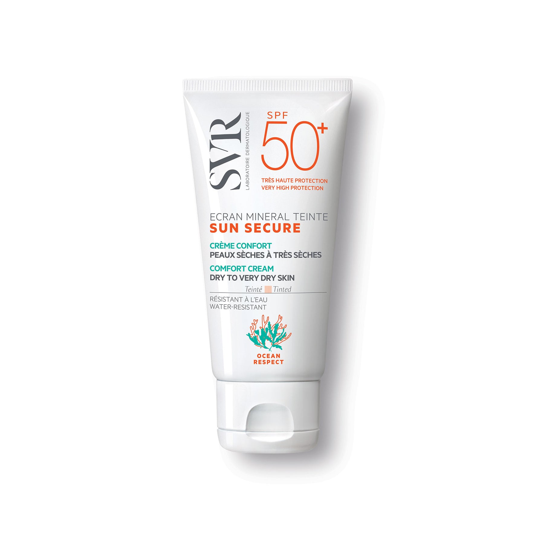 Tube de crème solaire teintée SVR Sun Secure SPF50+ pour peaux sèches avec logo Ocean Respect sur fond blanc.