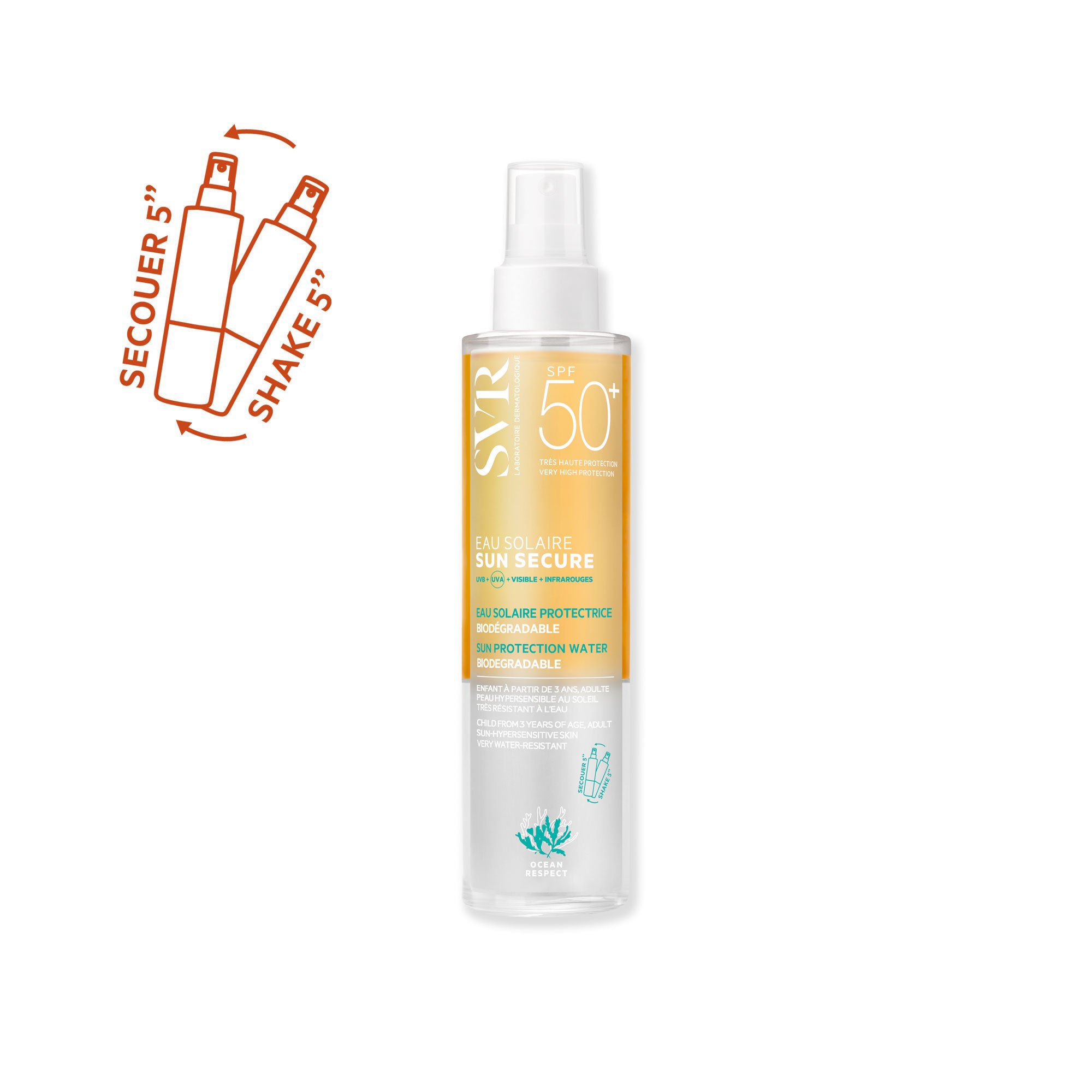 Flacon spray SVR SUN SECURE Eau Solaire SPF50+ avec étiquette jaune et blanche, incluant une instruction de secouer 5 secondes.