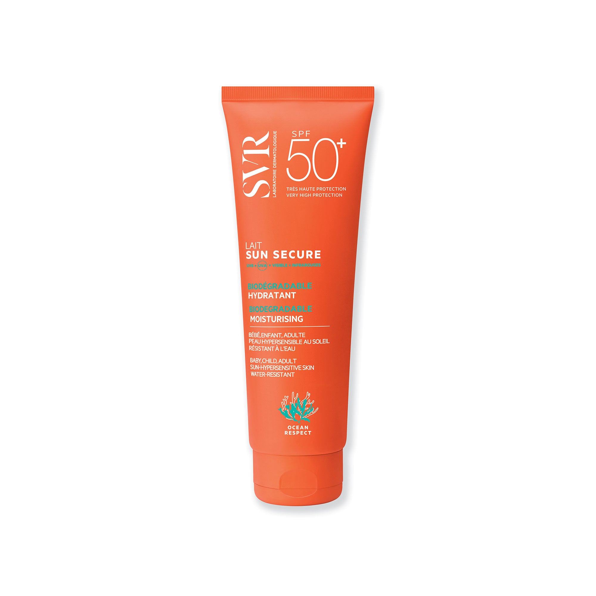Tube de lait solaire SVR Sun Secure SPF50+ orange avec bouchon à clapet, format fluide hydratant pour peaux sensibles.