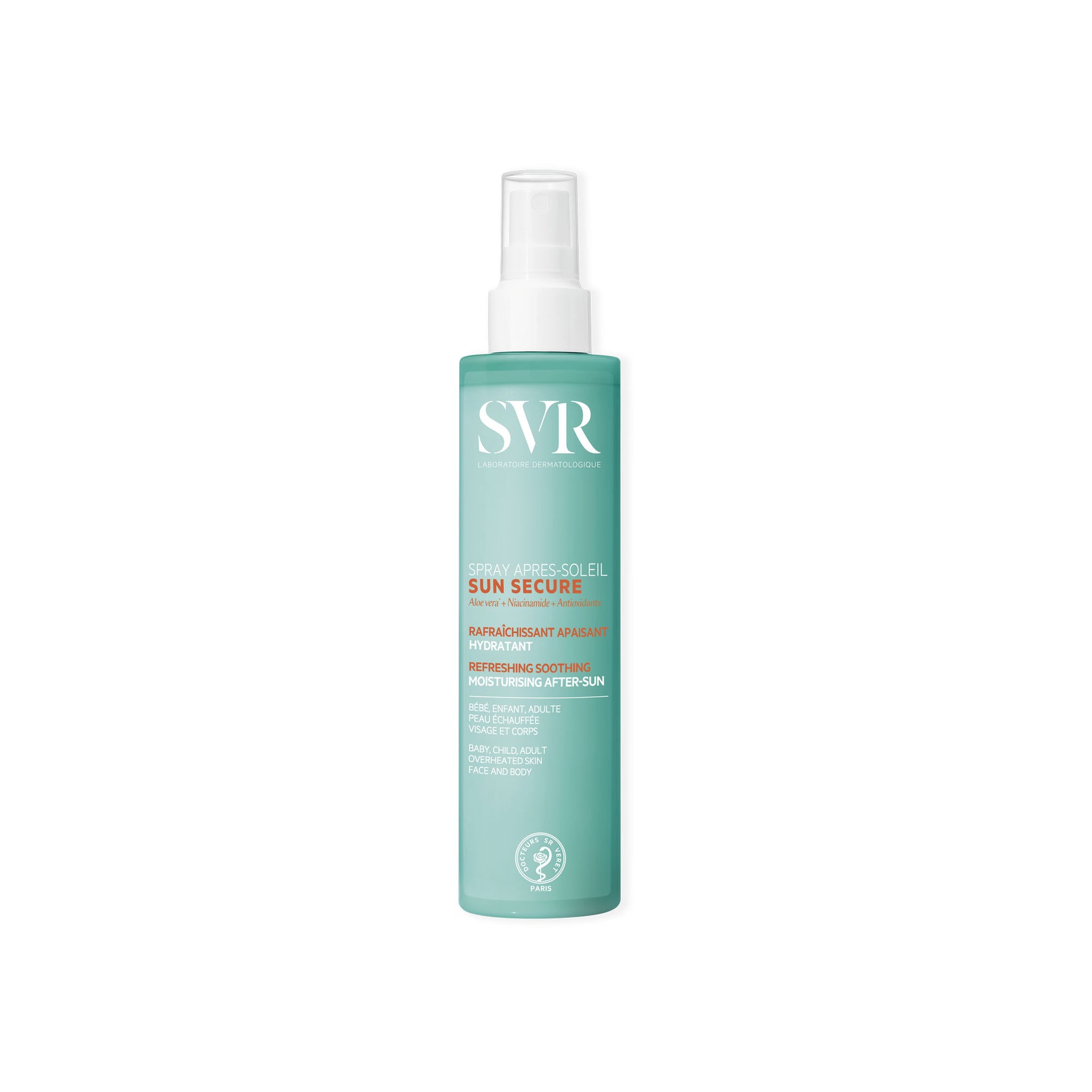 Spray SVR SUN SECURE après-soleil dans un flacon turquoise cylindrique avec embout vaporisateur blanc et texte informatif.
