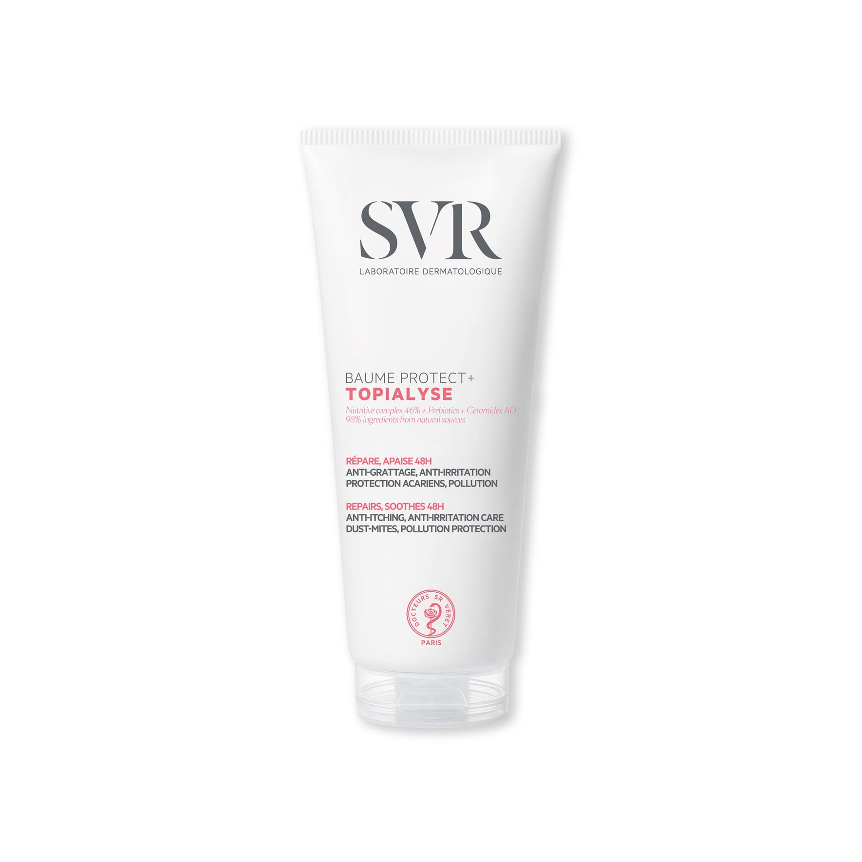 Tube blanc de baume SVR Topialyse Protect+ avec texte noir et rose, bouchon transparent, format soin dermatologique 400ml.
