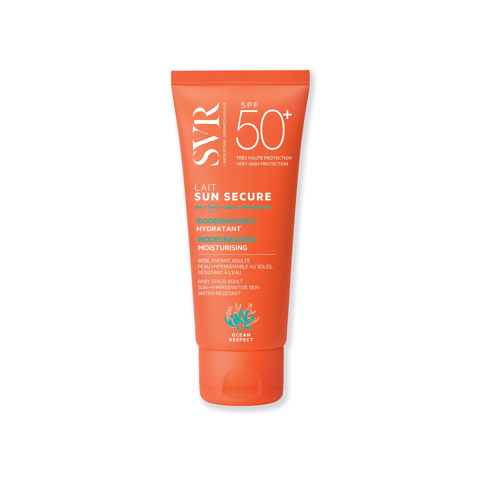 Tube de lait solaire SVR Sun Secure SPF50+ orange avec bouchon clapet, format fluide hydratant pour toute la famille.