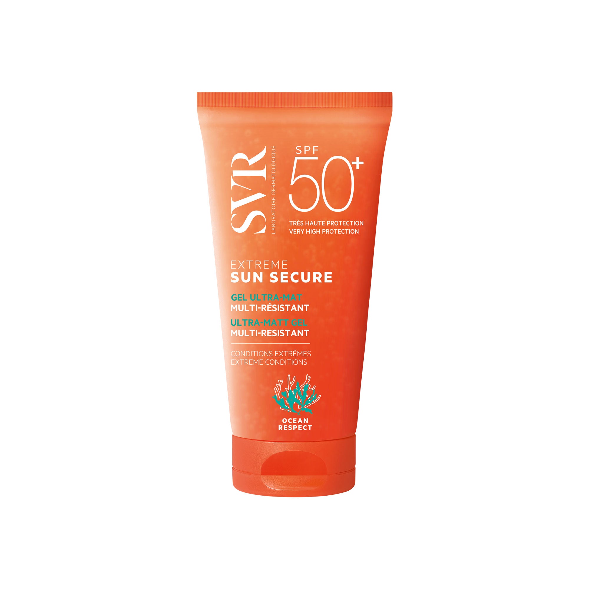 Tube de gel solaire SVR Sun Secure Extrême SPF50+ orange mat, haute protection pour conditions extrêmes, format 50ml.