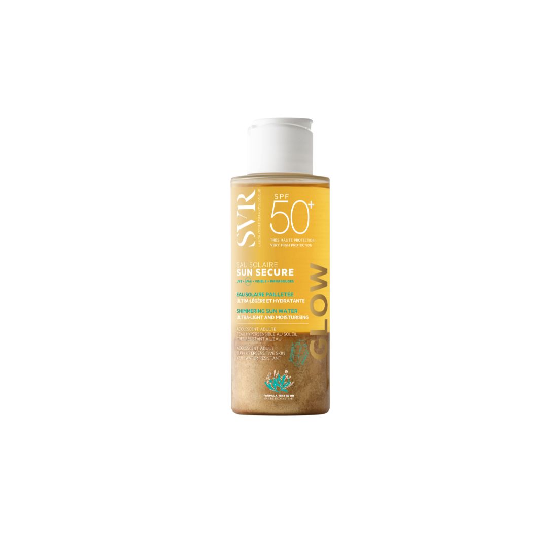 SVR SUN SECURE SPF50+ shimmering sun water in a tall, amber-tinted bottle with a white flip-top cap.
