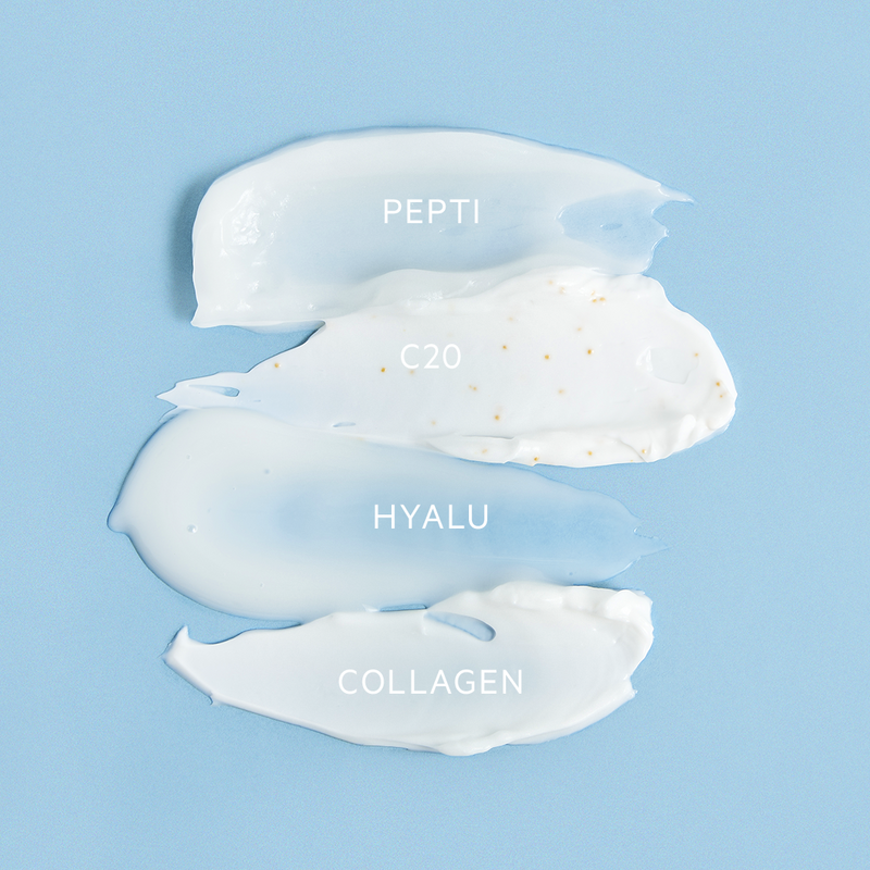 Quatre textures de soins SVR sur fond bleu, incluant le gel hydratant HYALU Biotic, avec les noms des produits inscrits.