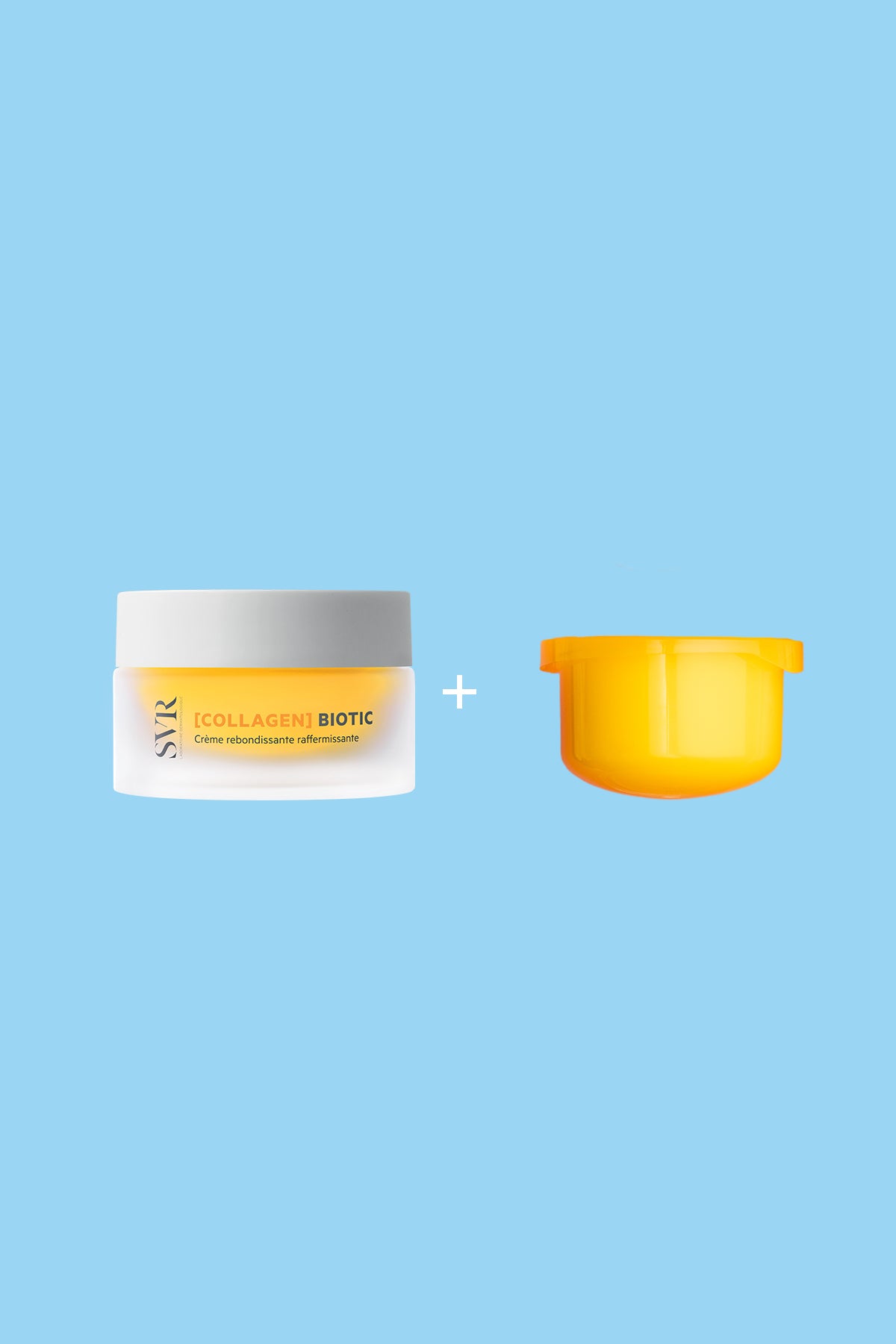SVR Collagen Biotic cream jar with a white lid next to a separate bright yellow refill pod on a light blue background.