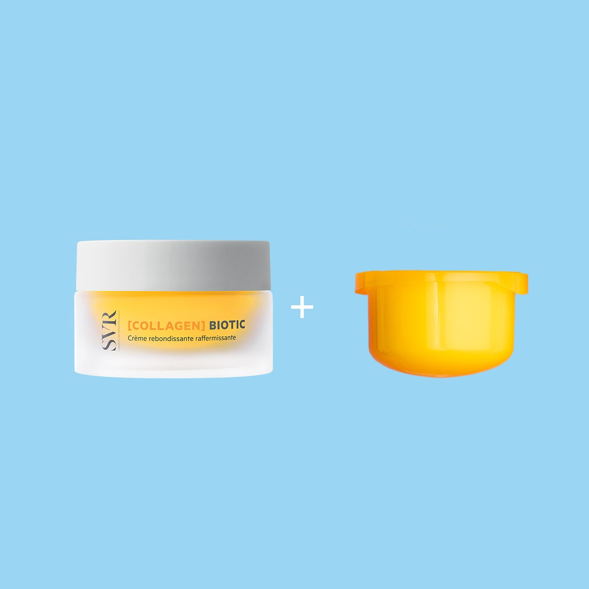 SVR Collagen Biotic firming cream in a frosted glass jar with a white lid and a separate bright yellow refill pod.