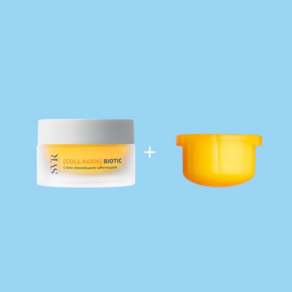 SVR Collagen Biotic firming cream in a frosted glass jar with a white lid and a separate bright yellow refill pod.