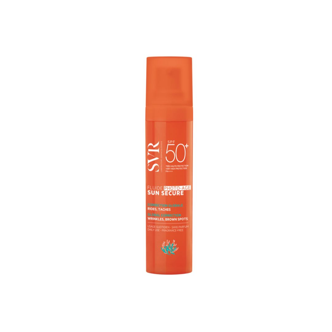 Flacon pompe orange SVR Sun Secure Fluide Photo-Age SPF50+ pour la protection solaire et anti-âge.