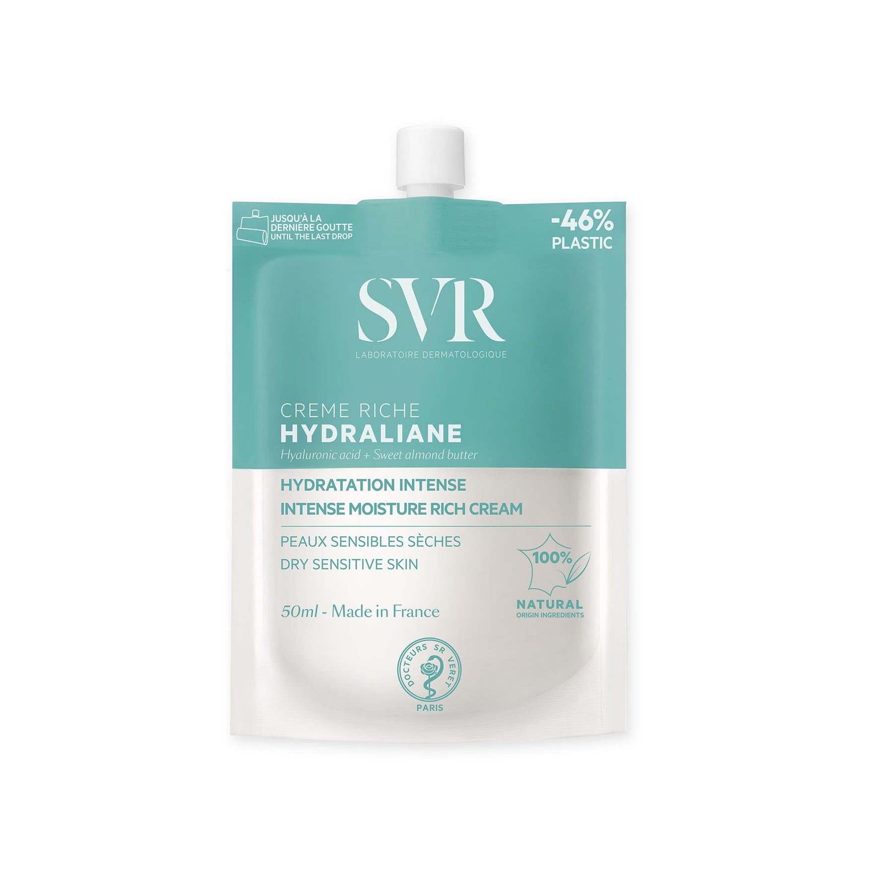 Poche éco-conçue SVR Hydraliane Crème Riche 50ml, soin hydratant intense pour peaux sèches et sensibles en emballage souple.