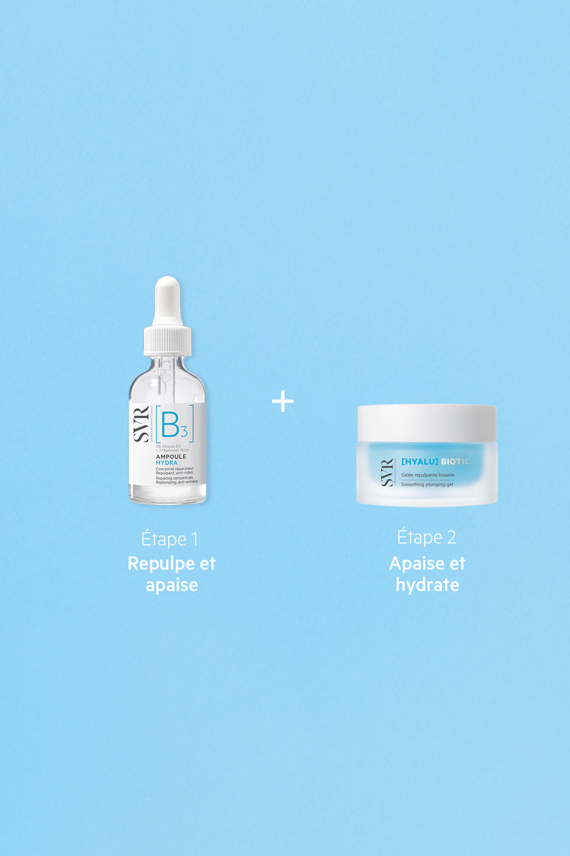 SVR Duo Hydratation Biotic set featuring an Ampoule B3 serum dropper bottle and a Hyalu Biotic smoothing plumping gel jar.