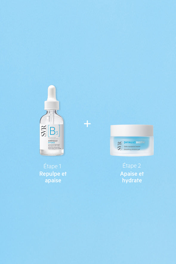 SVR Duo Hydratation Biotic set featuring an Ampoule B3 serum dropper bottle and a Hyalu Biotic smoothing plumping gel jar.