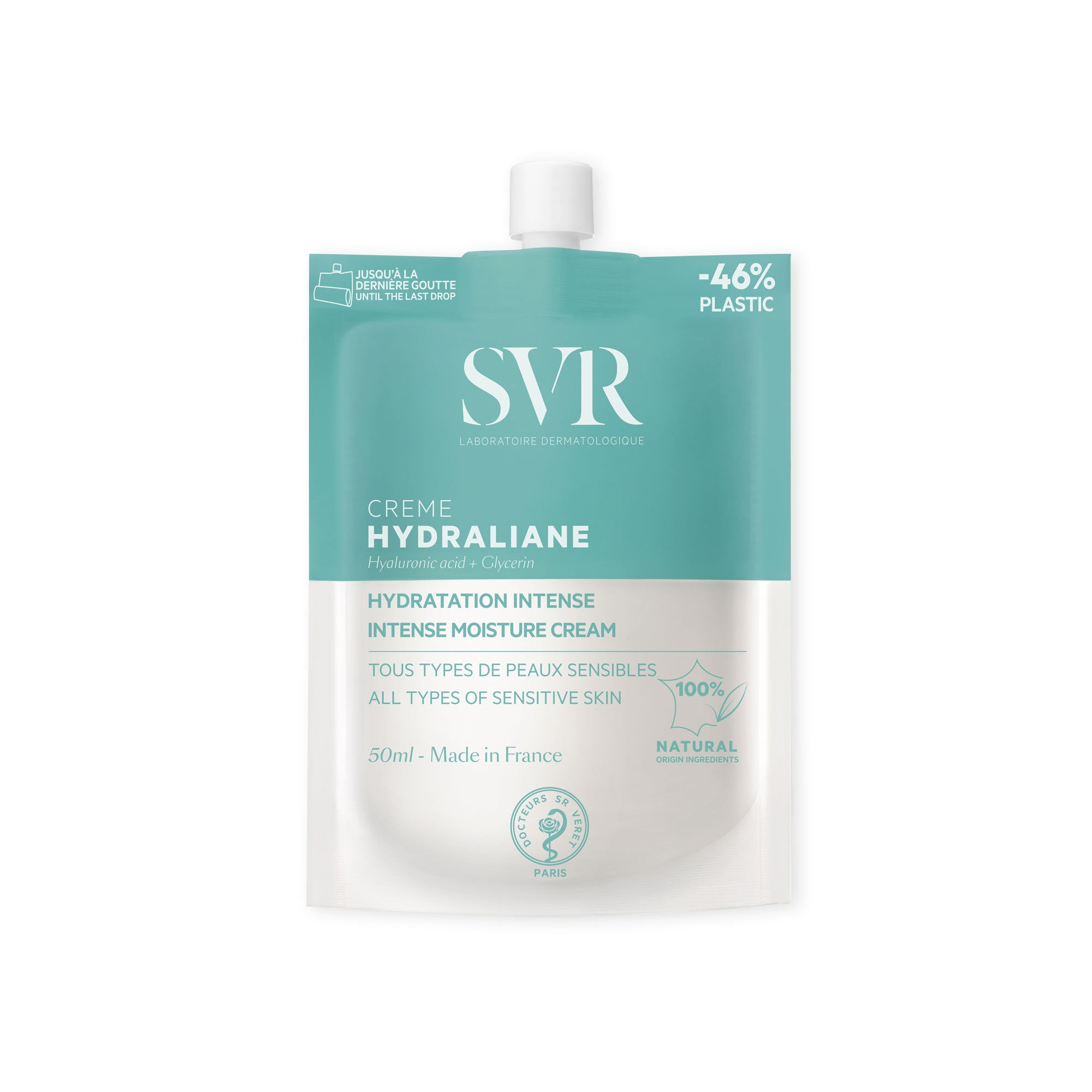 Poche éco-responsable SVR Hydraliane Crème 50ml, soin hydratant intense pour peaux sensibles, design bleu et blanc.