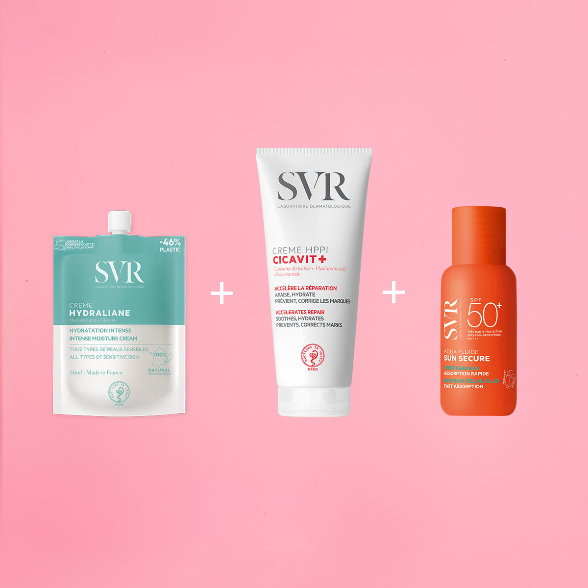 Routine SVR avec pochette Hydraliane bleue, tube blanc Cicavit+ et flacon solaire orange SPF50+ sur fond rose.