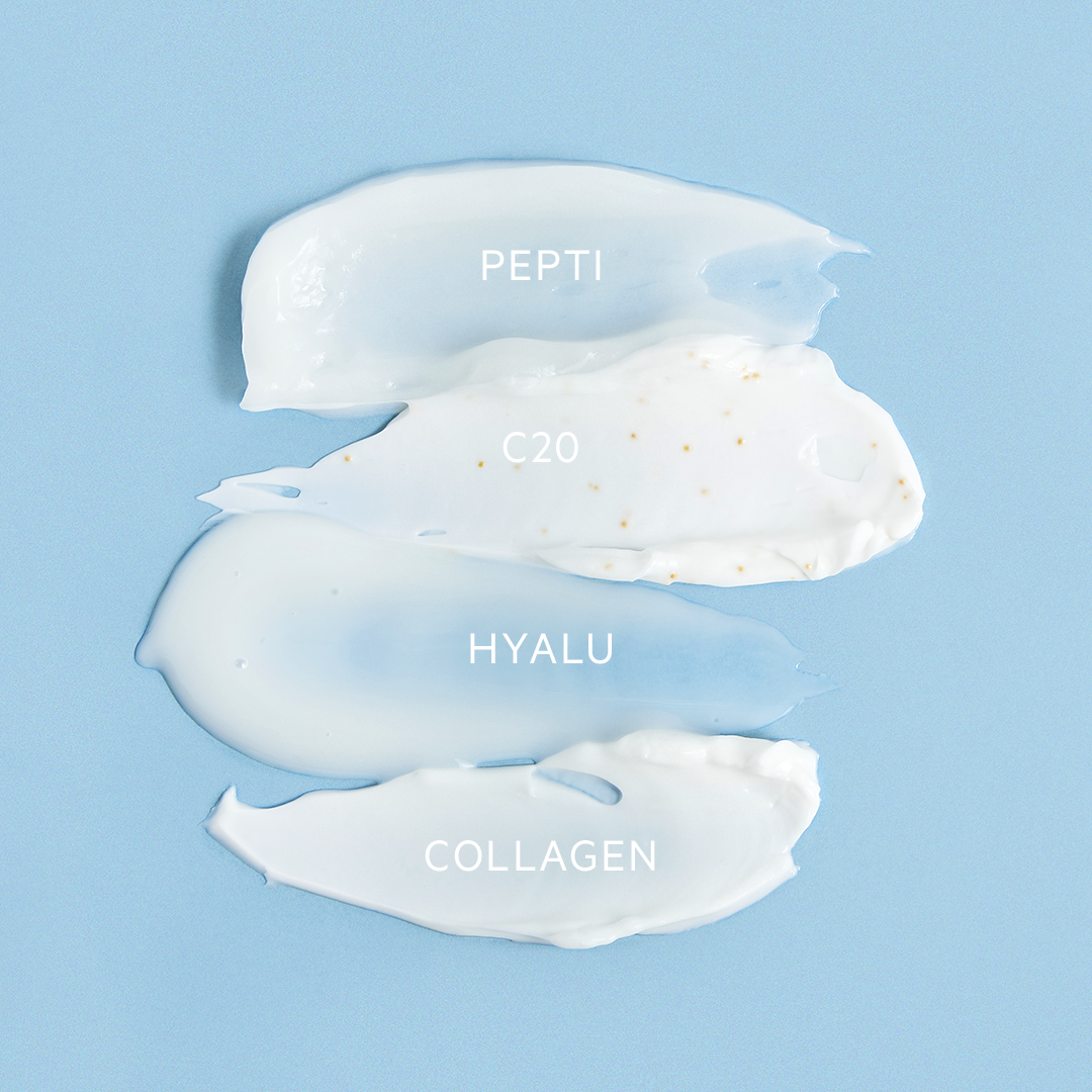 Quatre textures de crèmes et gels cosmétiques étalées sur un fond bleu clair, avec les noms PEPTI, C20, HYALU et COLLAGEN.