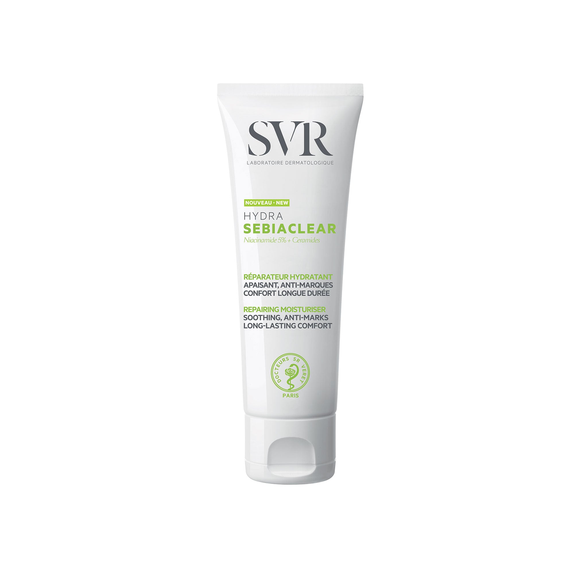 Tube blanc de soin hydratant SVR Sebiaclear Hydra avec inscriptions vertes et noires sur fond blanc épuré.