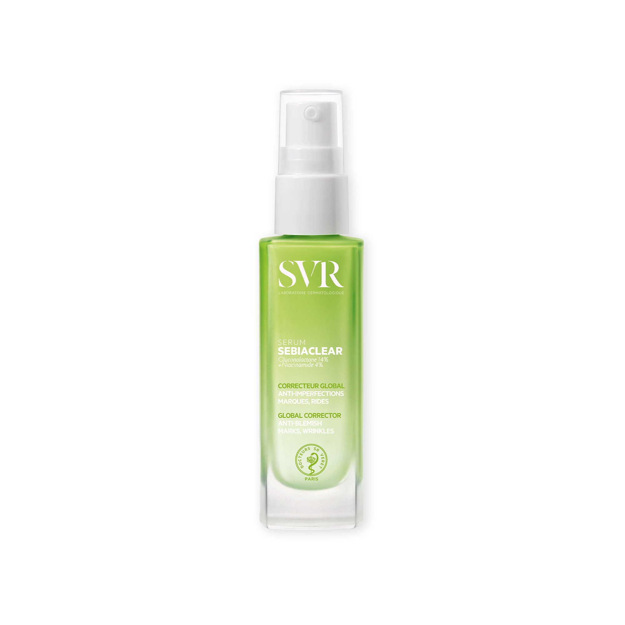 Flacon pompe SVR Sebiaclear Sérum en verre dépoli avec liquide vert, bouchon transparent et étiquette blanche descriptive.