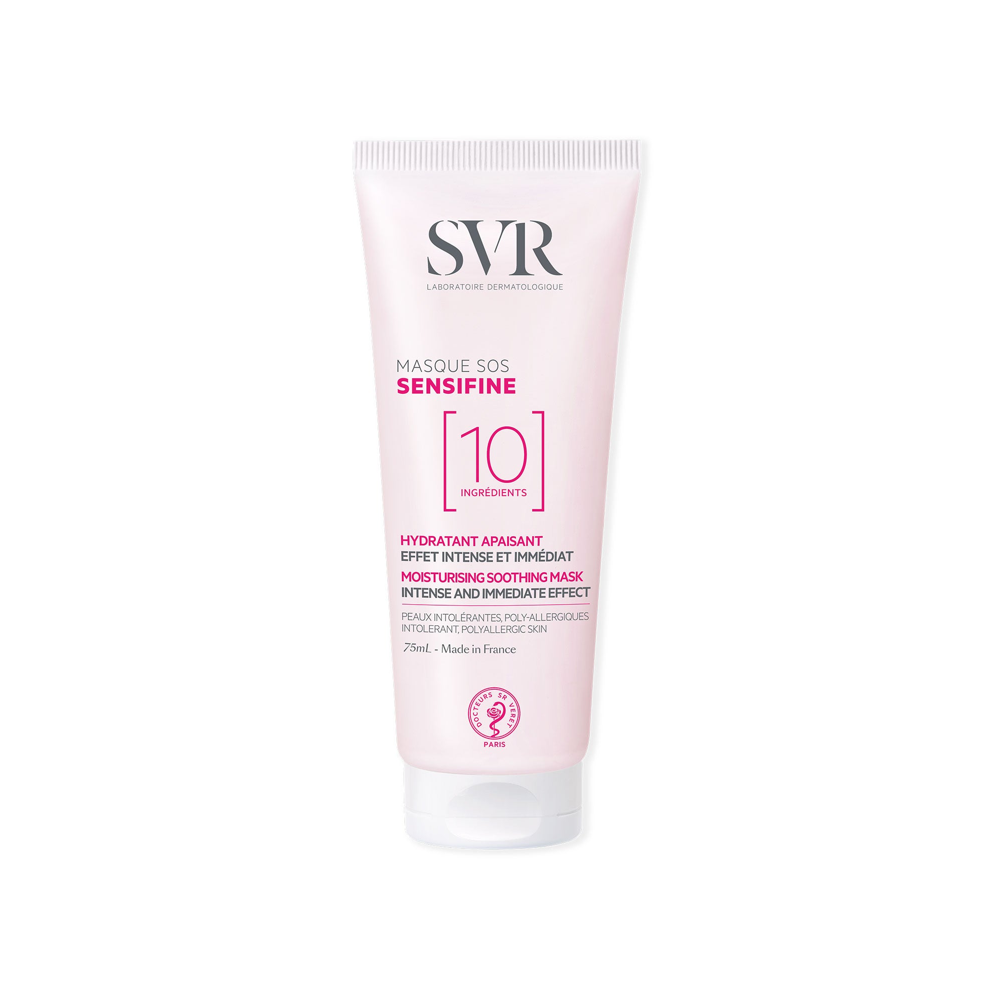 Tube de 75 ml de masque apaisant SVR Sensifine SOS, packaging rose pâle avec bouchon blanc, soin pour peaux sensibles.