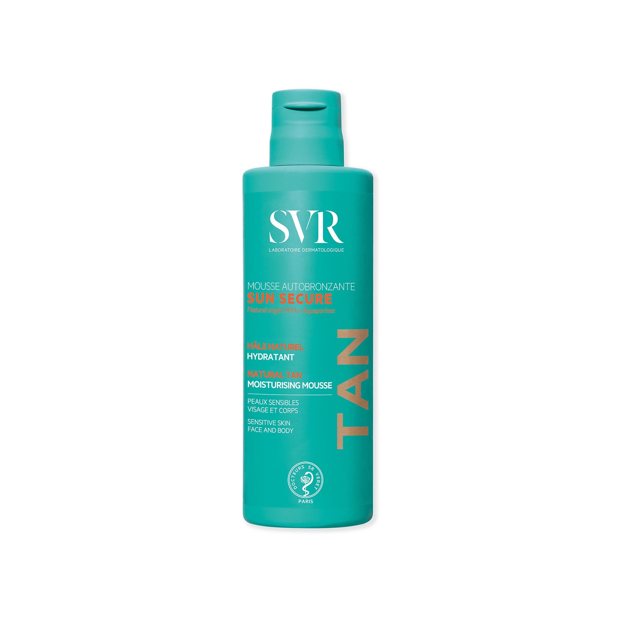 Flacon turquoise de mousse autobronzante SVR Sun Secure pour visage et corps, format 150ml avec bouchon clapet.