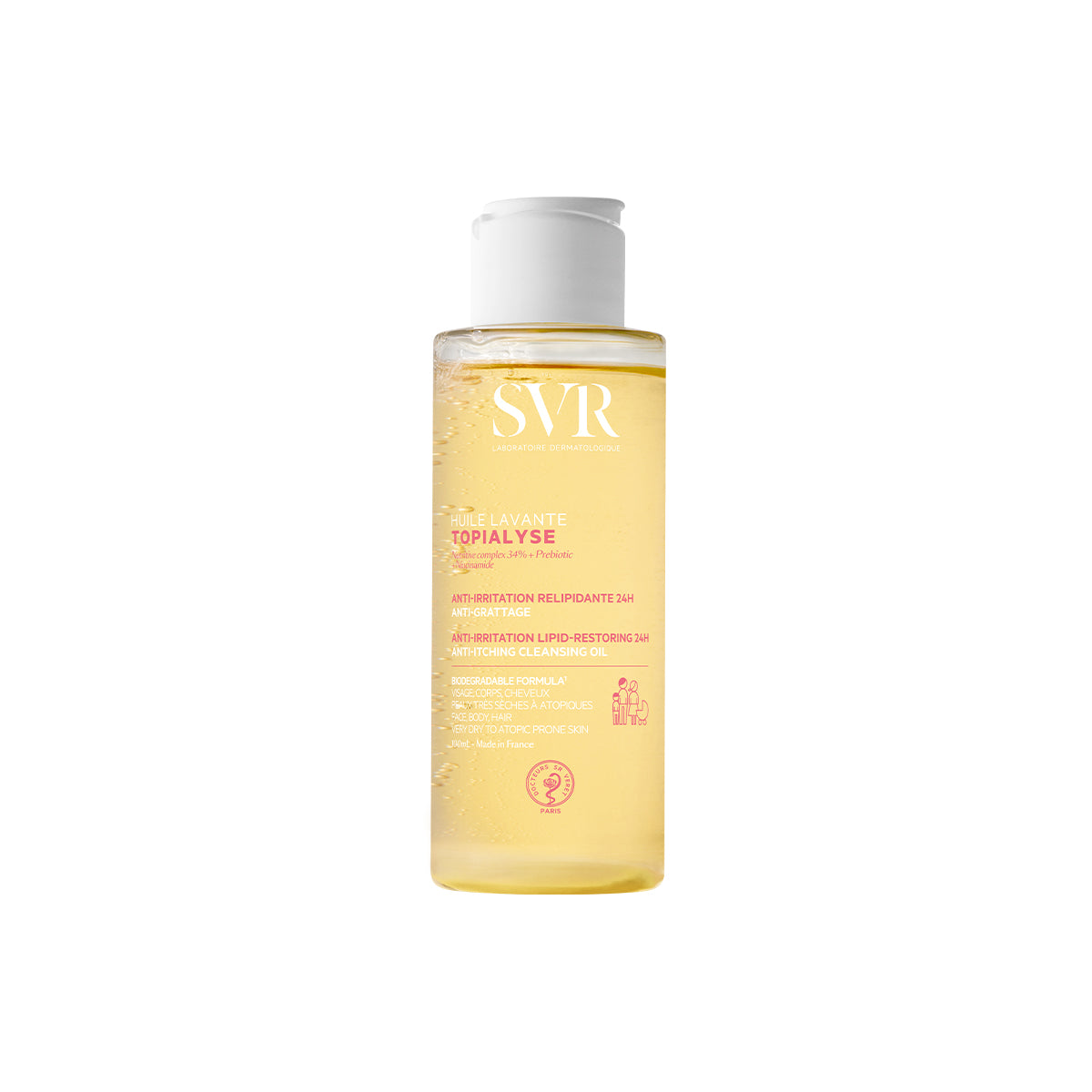 Flacon transparent de 400ml d'huile lavante SVR Topialyse avec bouchon blanc, contenant une huile dorée pour peaux atopiques.