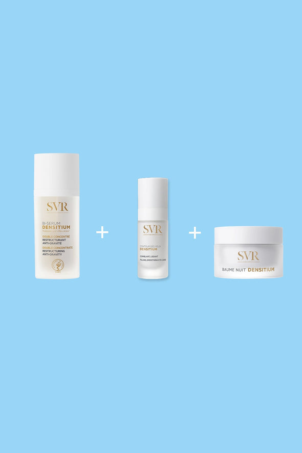 SVR Densitium night routine set featuring a bi-serum, eye contour cream, and night balm in white and gold packaging.