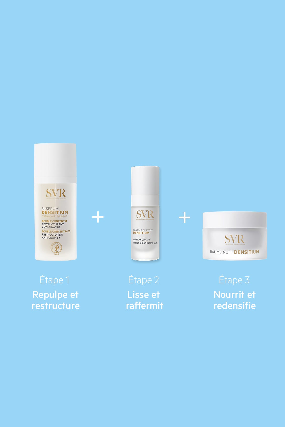 SVR Densitium three-step night routine set with white serum, eye cream, and night balm bottles on a light blue background.