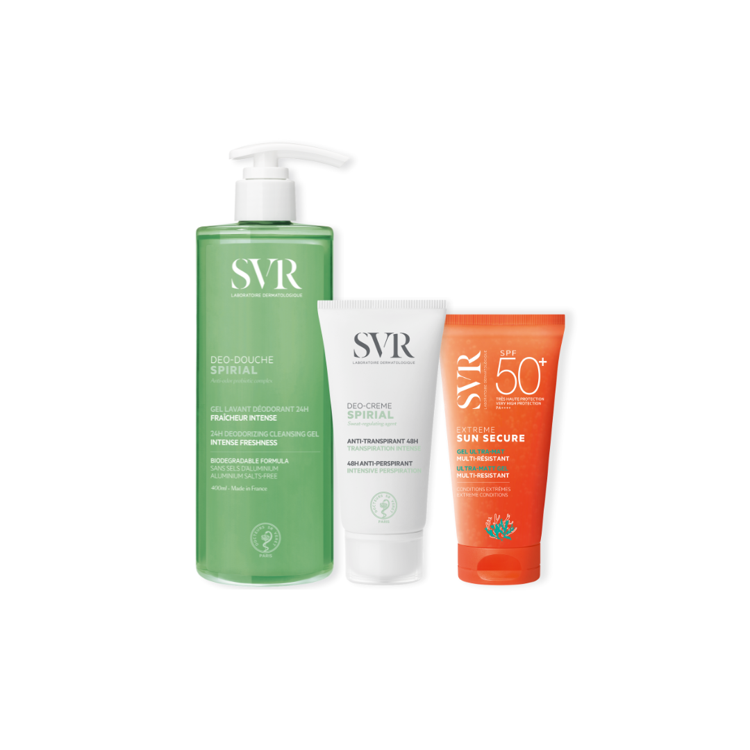 Routine sport SVR : gel douche Spirial vert, déodorant crème blanc et protection solaire Sun Secure orange SPF 50+.