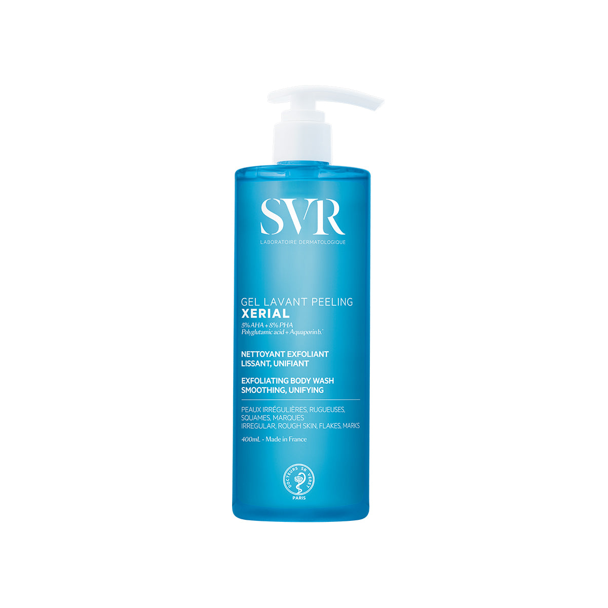 SVR XERIAL Gel Lavant Peeling 400ml exfoliating body wash in a blue translucent pump bottle with white text.