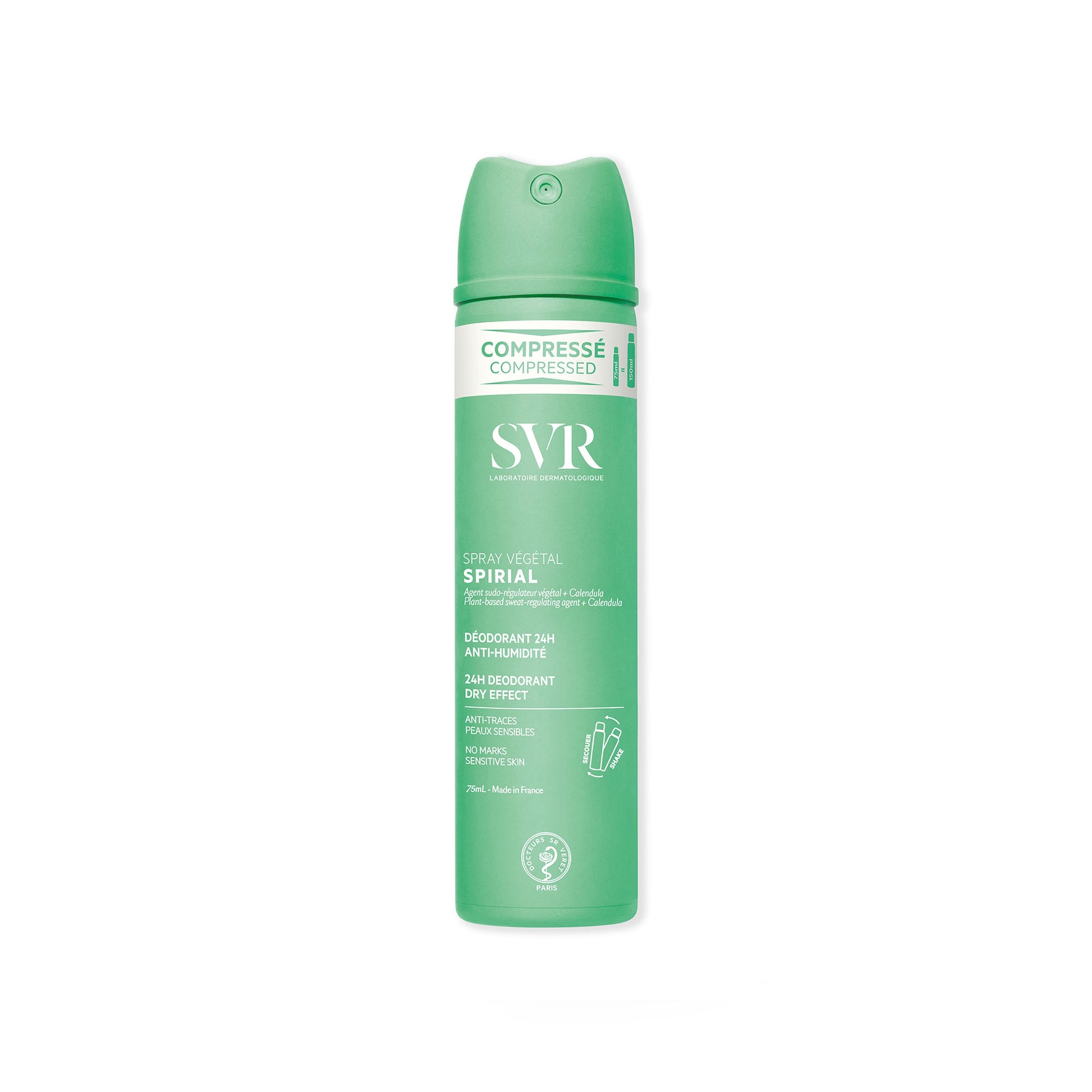 Déodorant SVR Spirial Spray Végétal compressé 75ml dans un flacon cylindrique vert avec bouchon assorti.