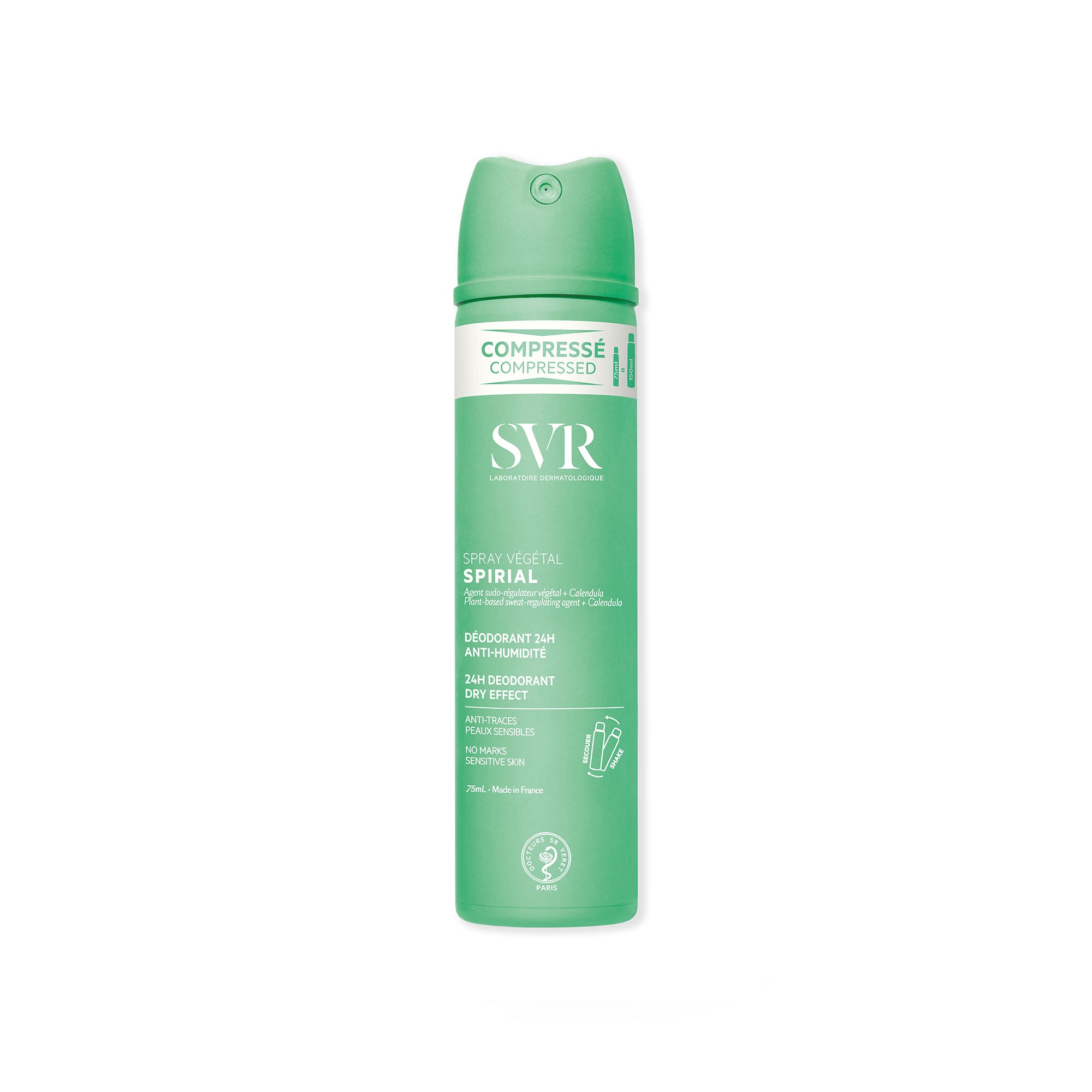Déodorant SVR Spirial Spray Végétal compressé 75ml dans un flacon cylindrique vert avec bouchon assorti.
