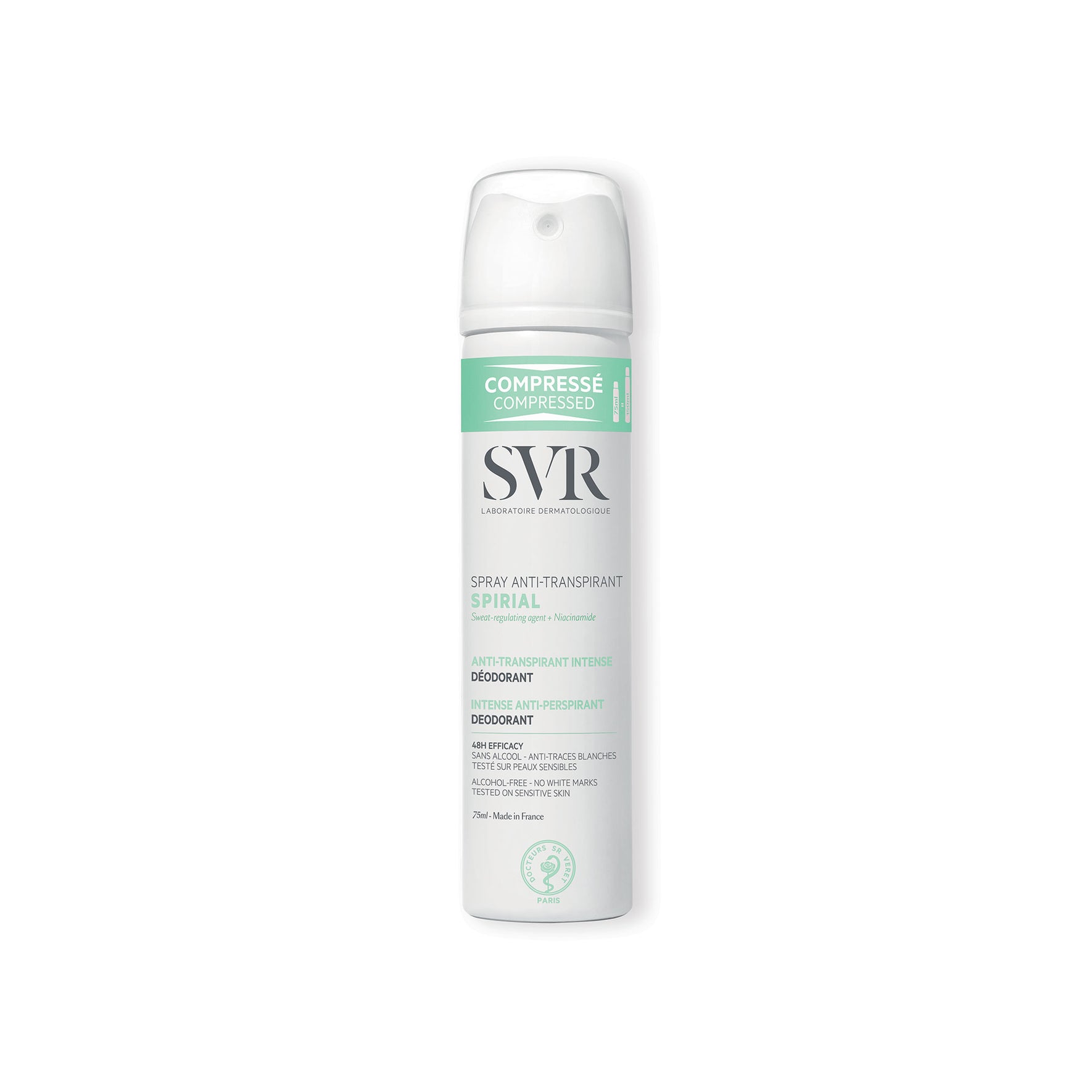 Spray anti-transpirant SVR Spirial compressé 75ml dans un flacon blanc et vert menthe avec bouchon transparent.