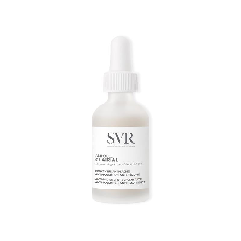 Flacon en verre dépoli SVR Clairial Ampoule avec bouchon compte-gouttes blanc sur fond blanc.