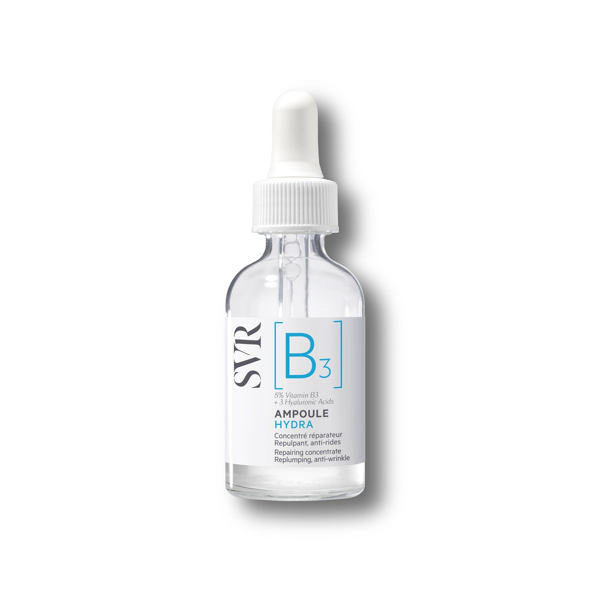 Flacon en verre transparent de sérum SVR Ampoule Hydra avec pipette blanche et étiquette bleue et blanche.