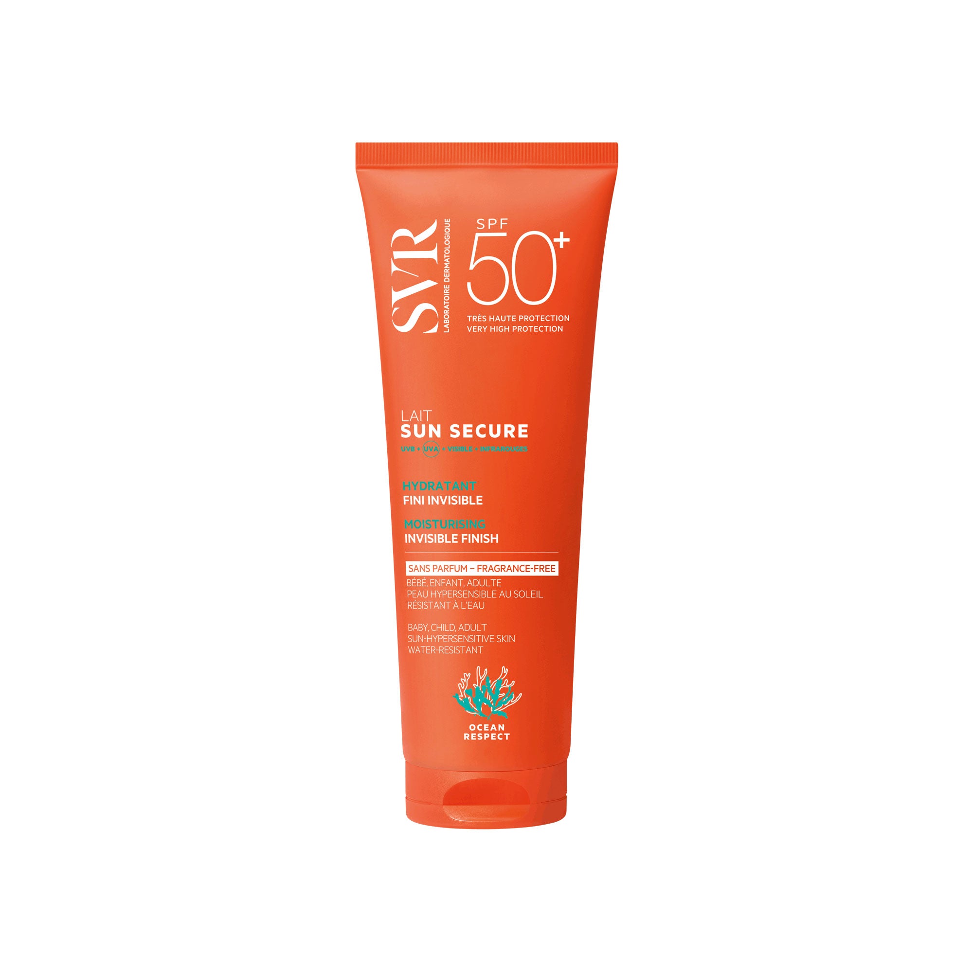 Tube de lait solaire SVR Sun Secure SPF50+ orange, format familial, sans parfum, pour peaux sensibles, visage et corps.