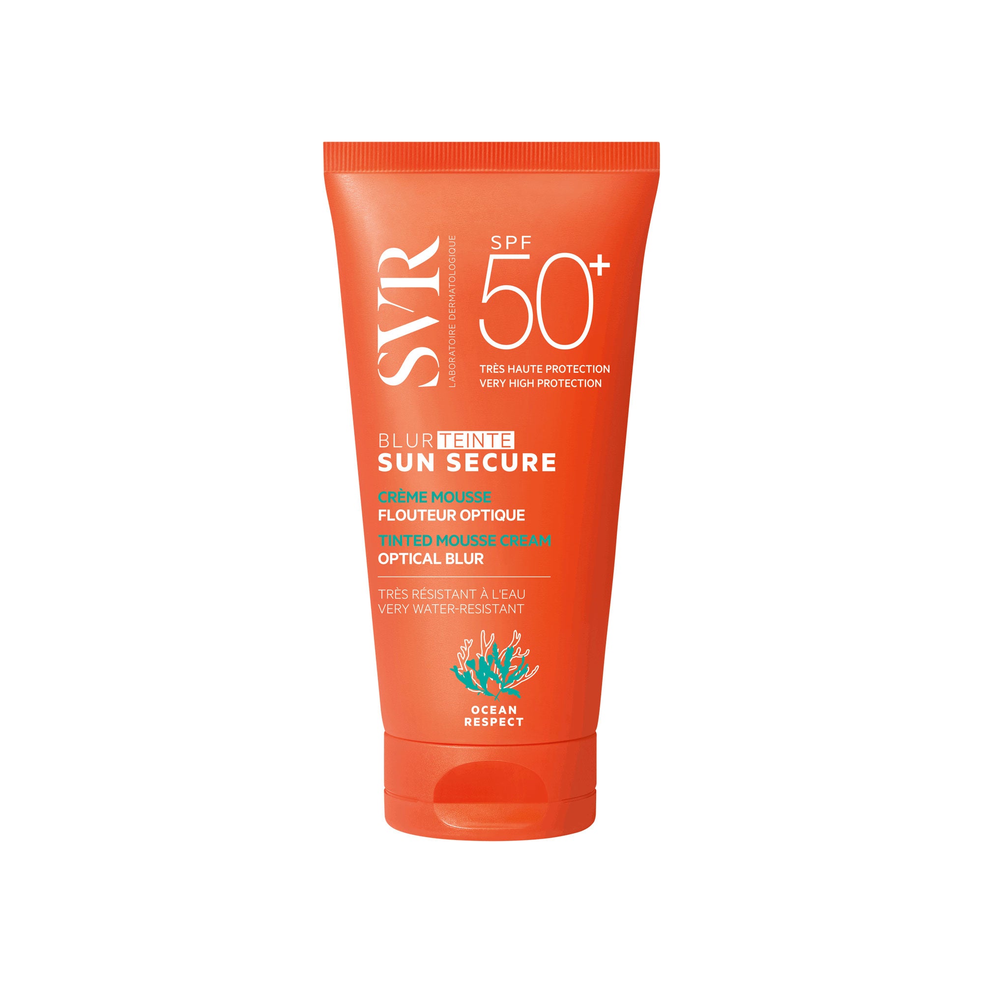 Tube orange de crème solaire teintée SVR Sun Secure Blur SPF50+ avec logo Ocean Respect sur fond blanc.