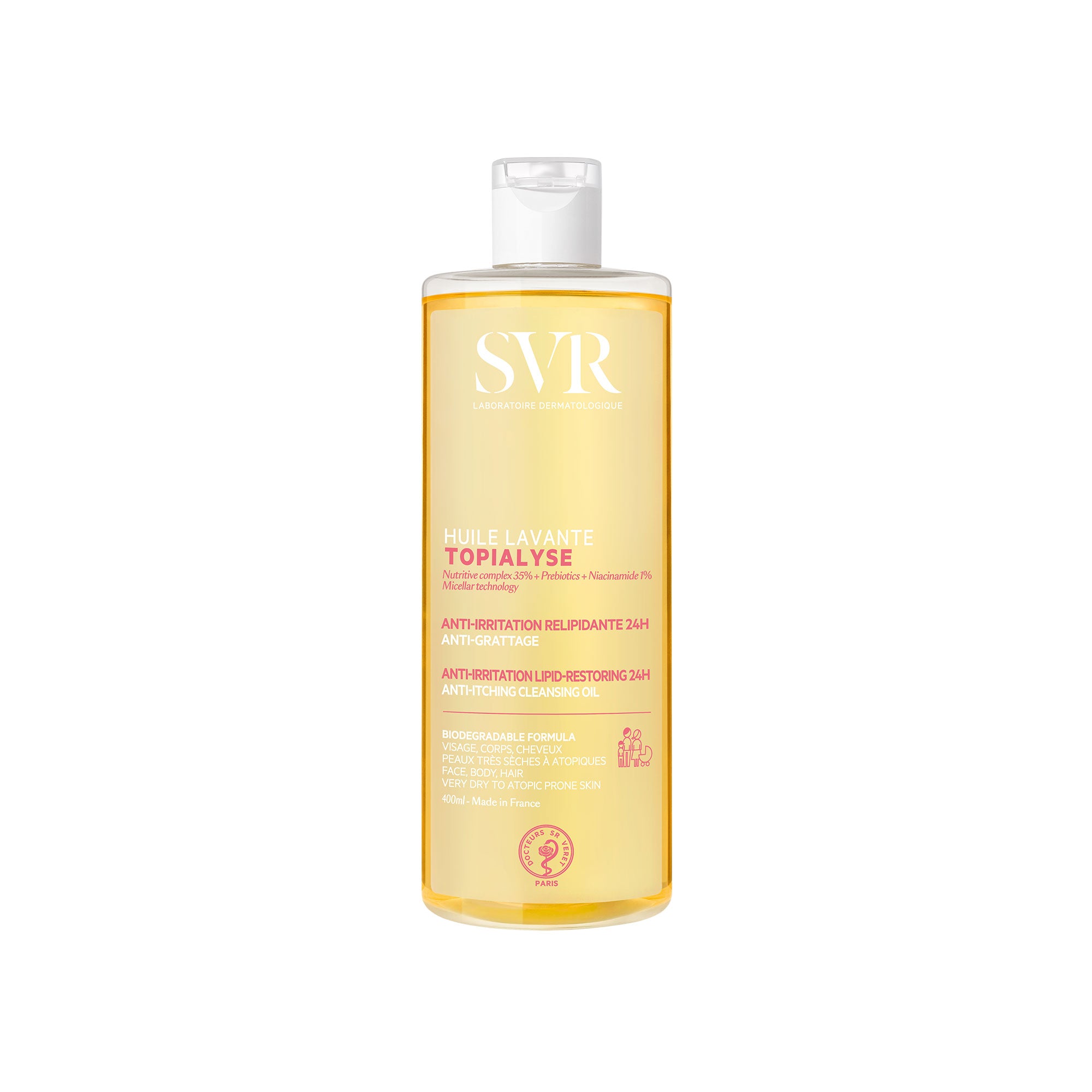 Flacon de 400ml d'huile lavante SVR Topialyse, soin apaisant doré pour peaux sèches et atopiques avec bouchon blanc.