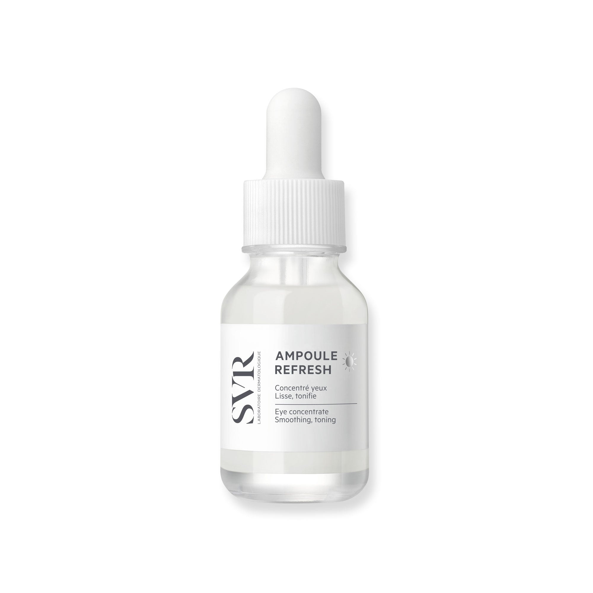 Flacon en verre transparent SVR Ampoule Refresh avec pipette compte-gouttes blanche sur fond blanc.