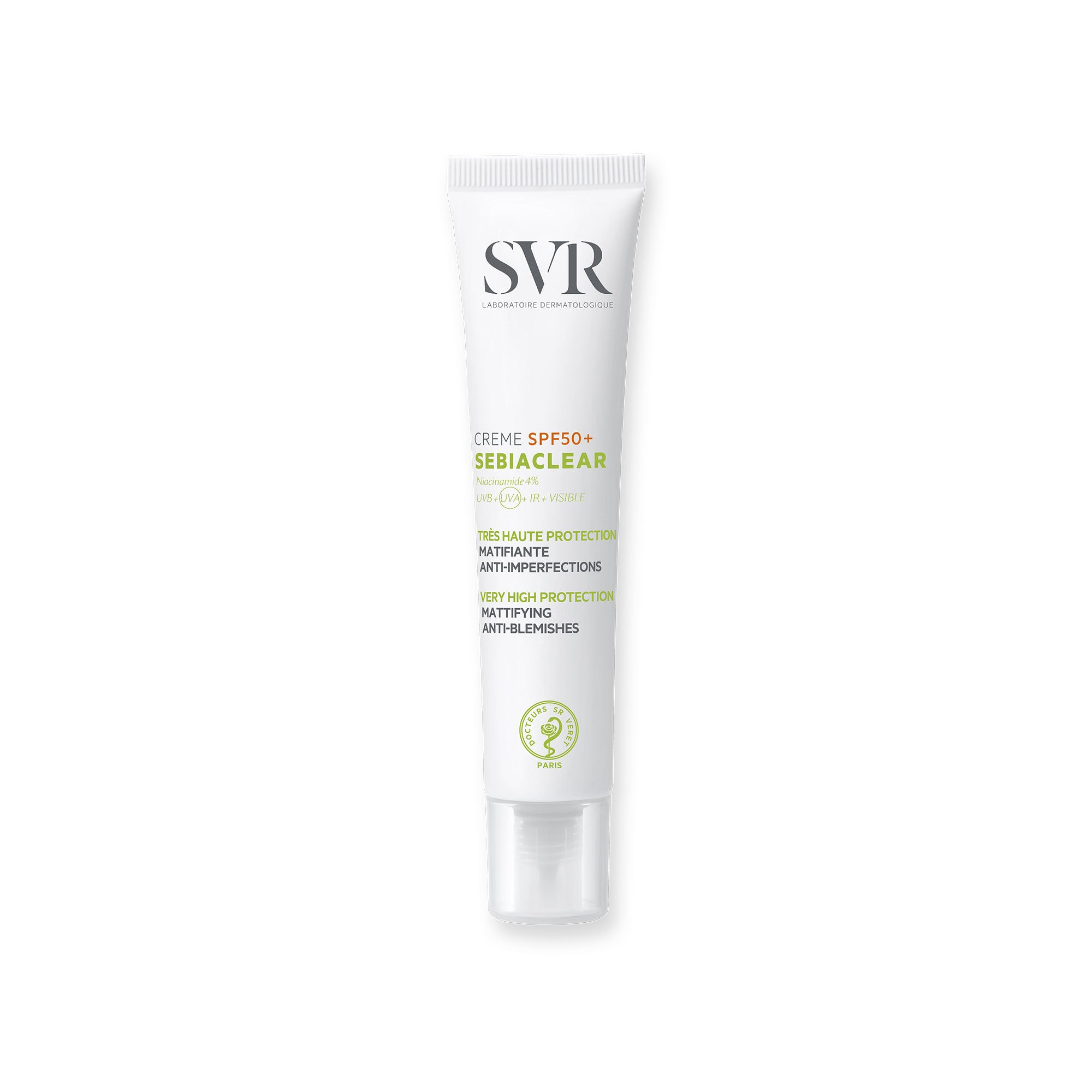 Tube blanc de crème solaire SVR Sebiaclear SPF50+ matifiante anti-imperfections avec bouchon transparent.