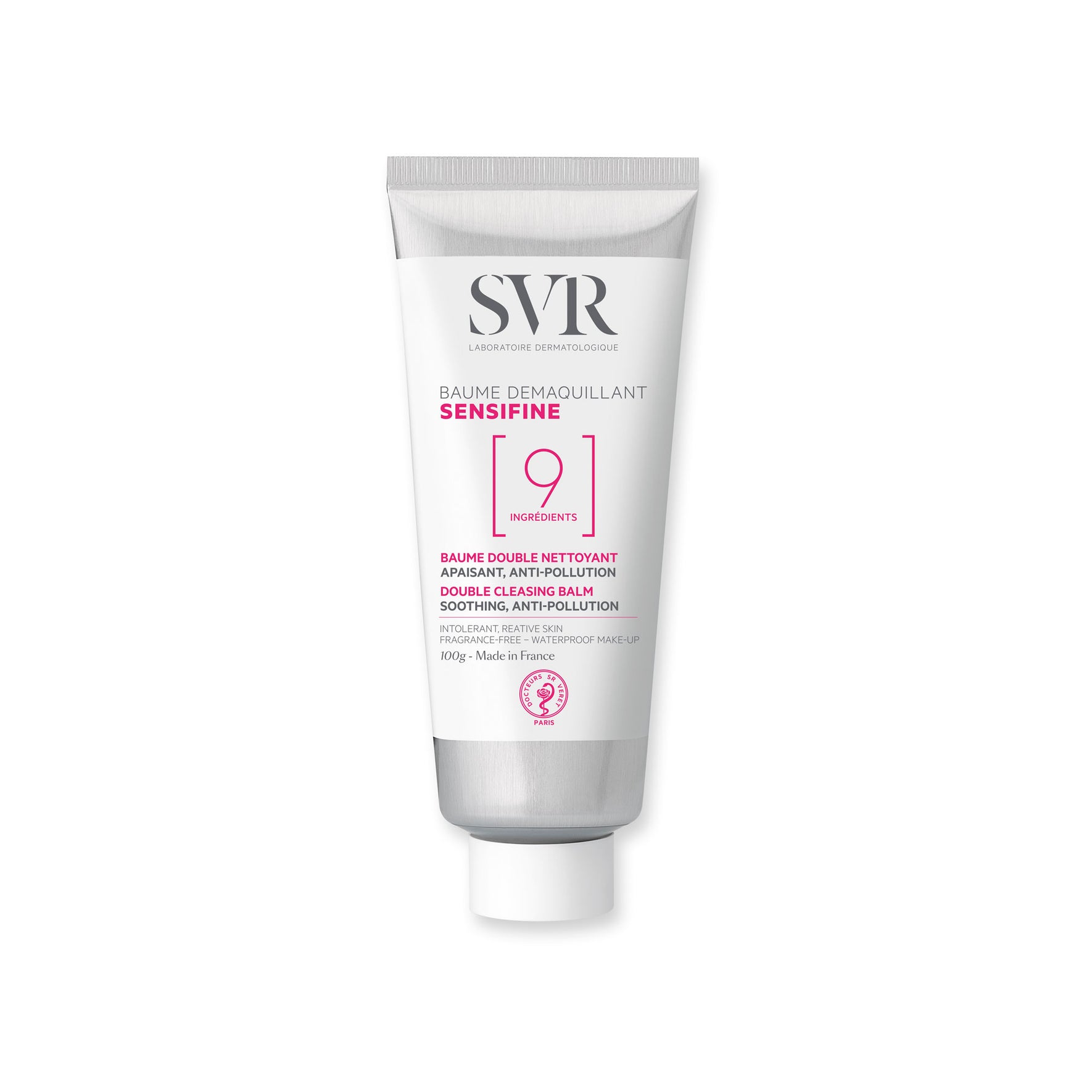 Tube de baume démaquillant SVR Sensifine 100g, blanc et argent, avec texte noir et rose sur fond épuré.