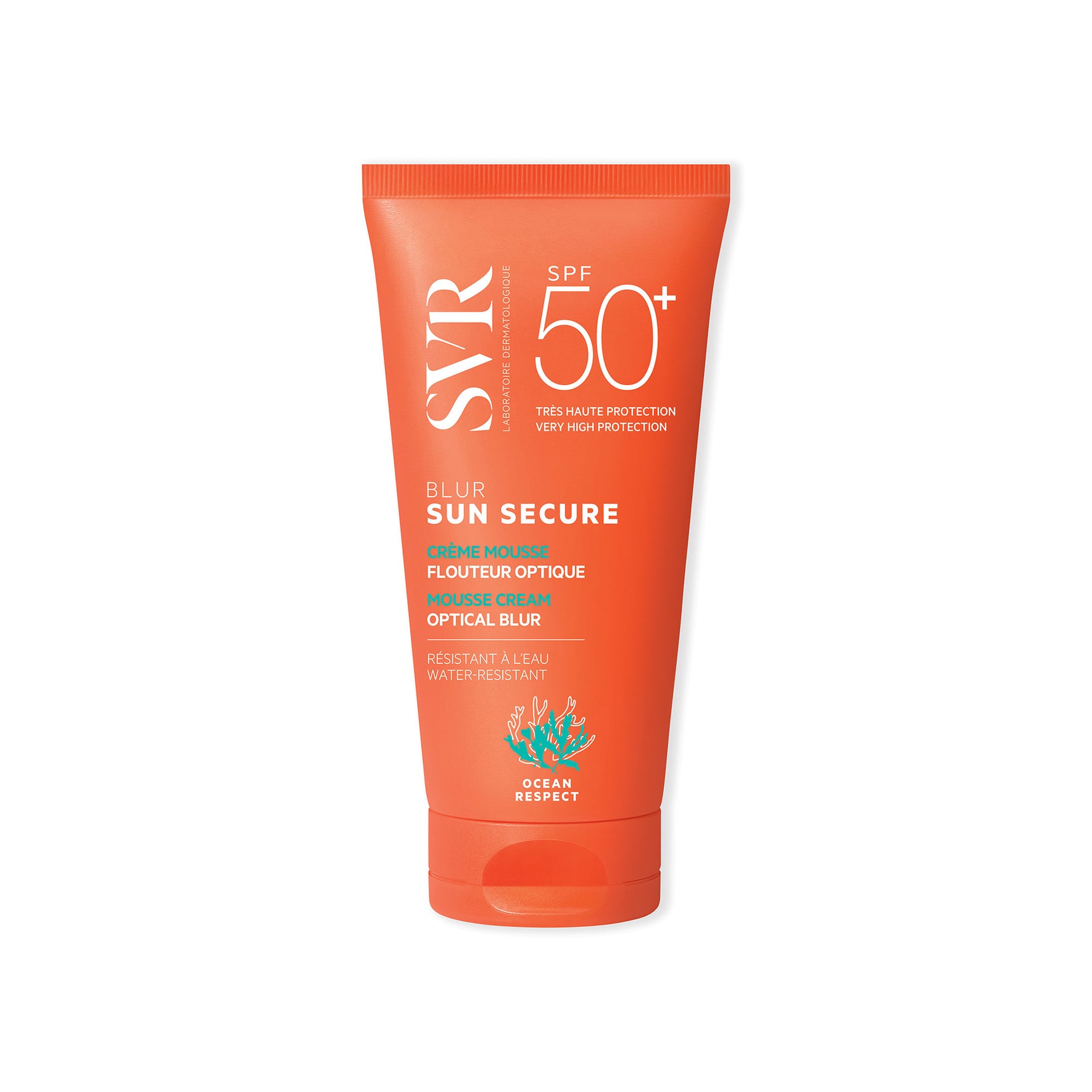 Tube de crème solaire SVR Sun Secure Blur SPF50+ orange avec texte blanc et logo Ocean Respect sur fond blanc.