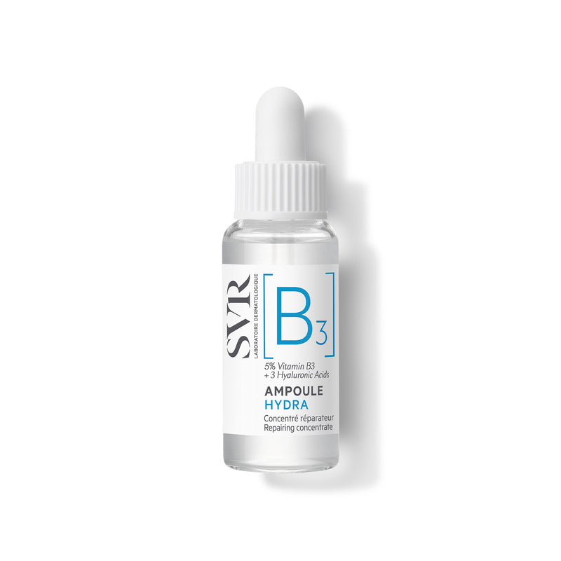 SVR B3 Ampoule Hydra 2ml glass dropper bottle with white cap and blue and black label text on a white background.