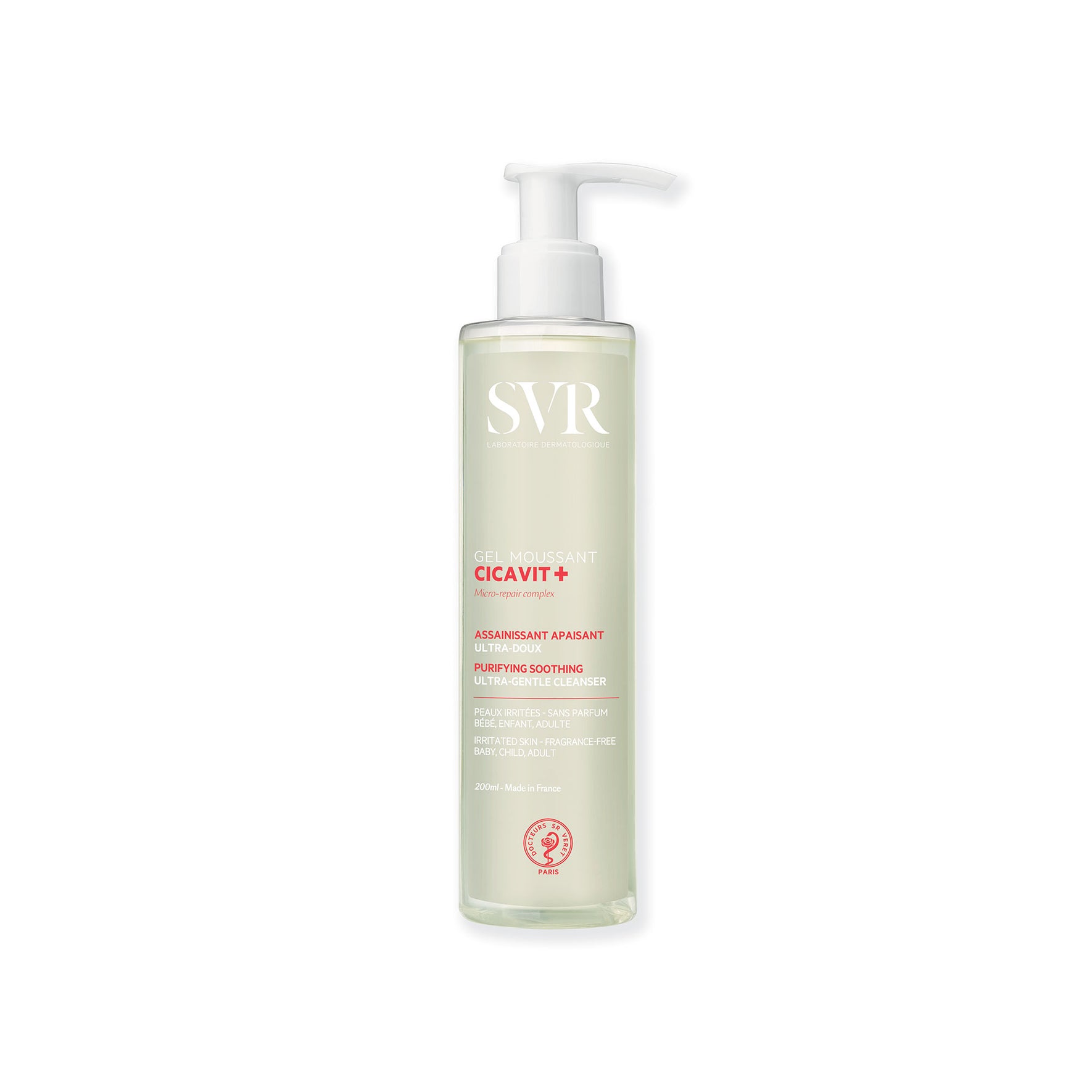 Flacon pompe transparent de 200ml de gel moussant SVR Cicavit+ pour peaux irritées, étiquette vert pâle et texte rouge.