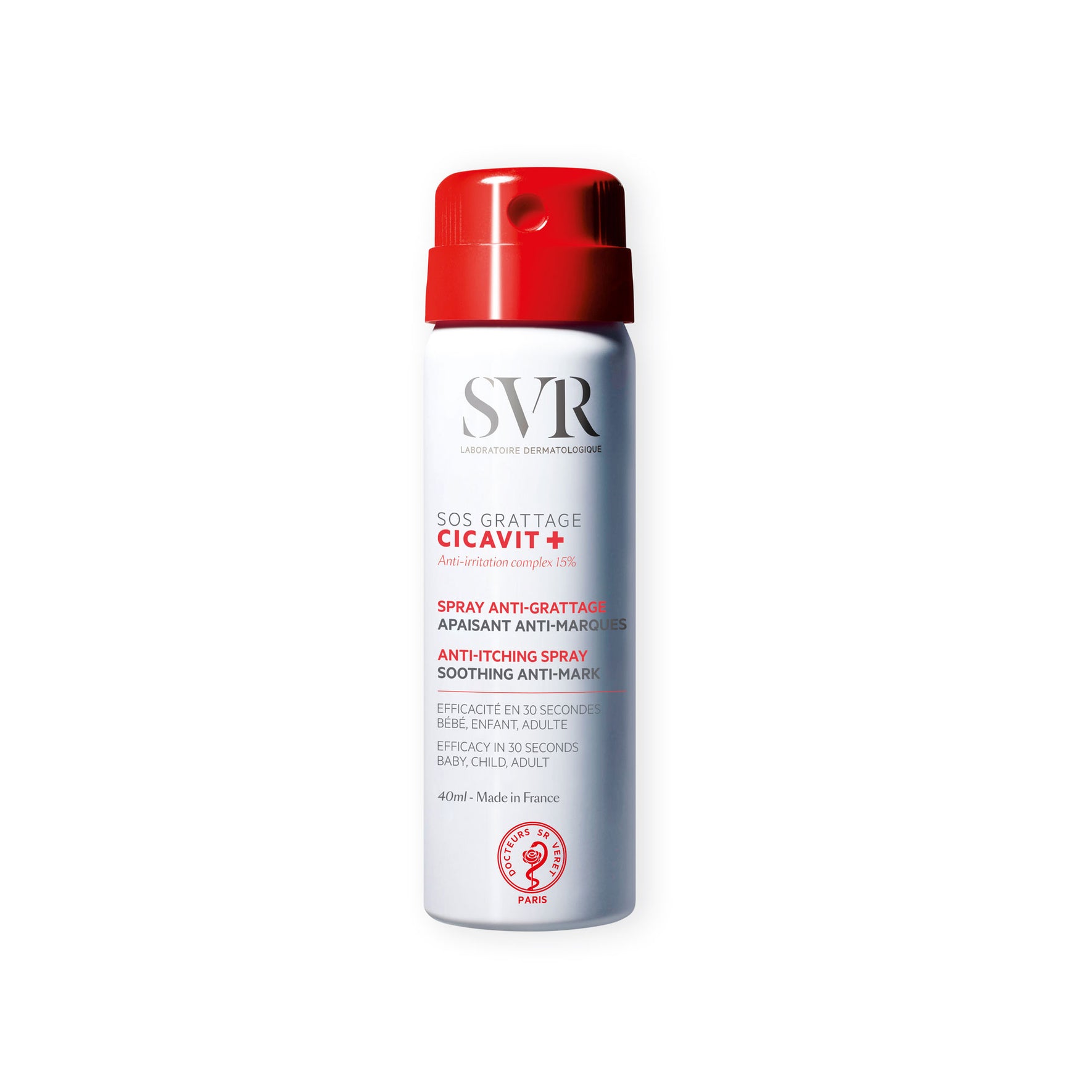 Spray anti-démangeaisons SVR Cicavit+ 40ml en flacon blanc avec bouchon rouge sur fond blanc.