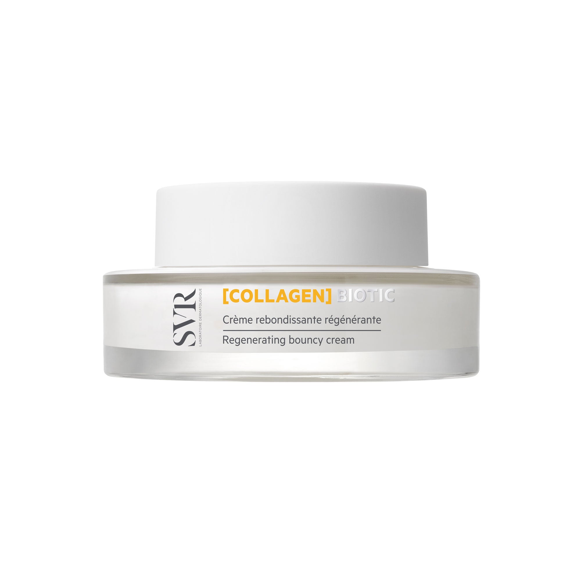 SVR Collagen Biotic regenerating bouncy cream in a round glass jar with a white screw-top lid on a white background.