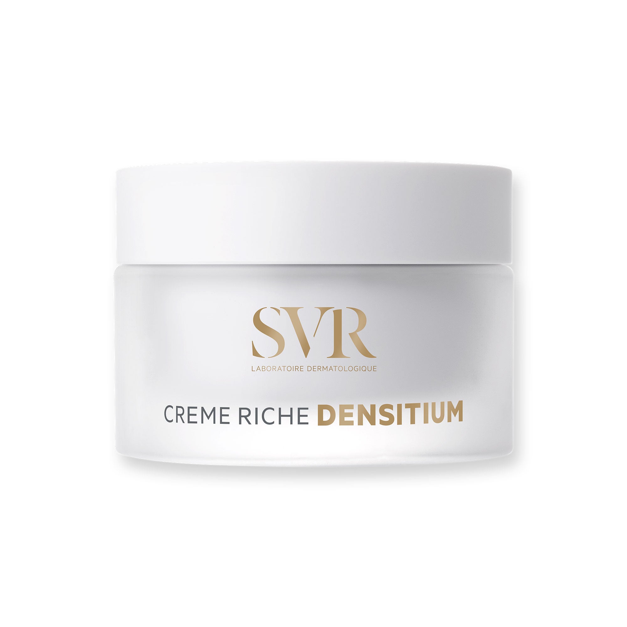 Pot de crème visage SVR Densitium Crème Riche en verre dépoli avec couvercle blanc et inscriptions dorées.