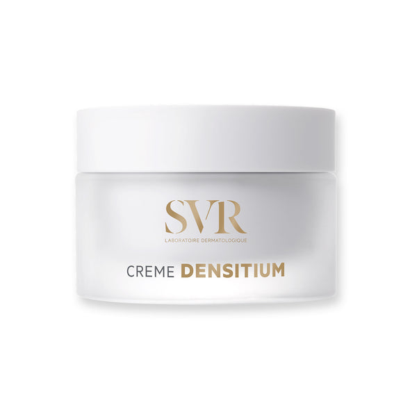 Pot de crème SVR DENSITIUM en verre dépoli blanc avec couvercle assorti et inscriptions dorées élégantes.