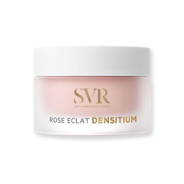 Pot de crème visage SVR Densitium Rose Eclat en verre dépoli avec couvercle blanc et inscriptions dorées.