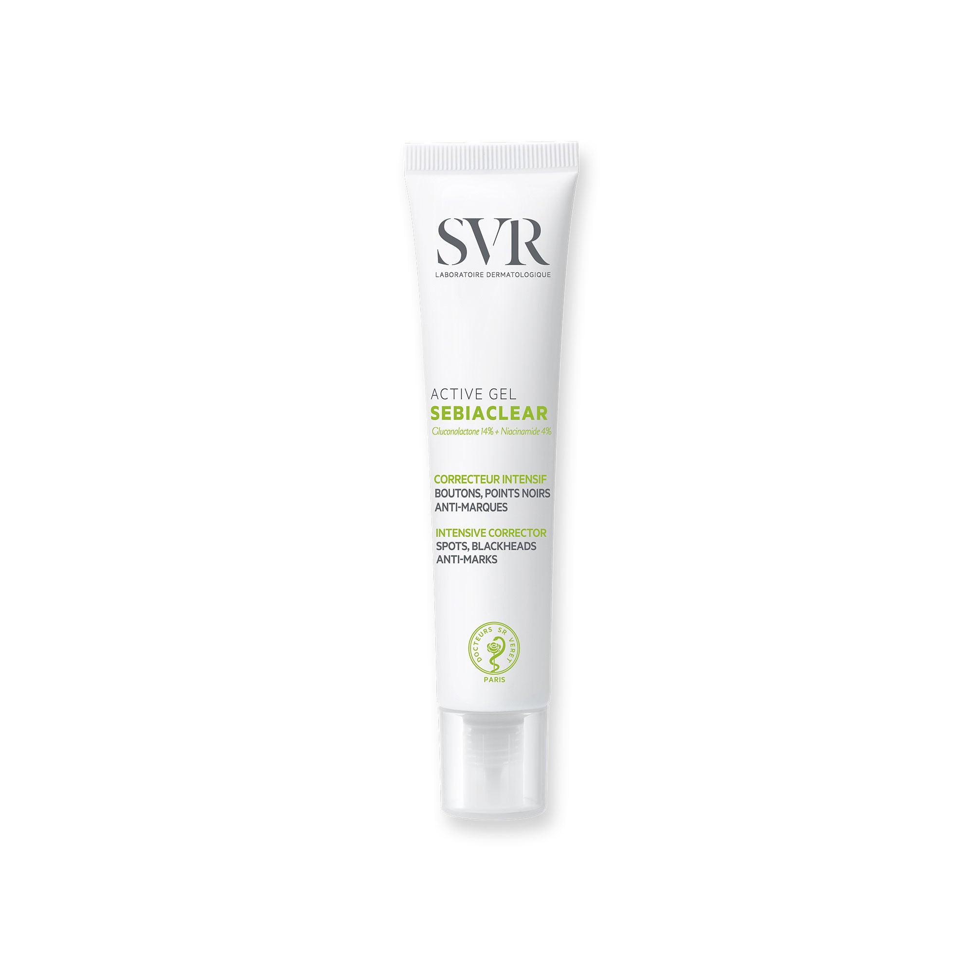 SVR Sebiaclear Active Gel 3ml white squeeze tube with green text and a clear cap for intensive blemish correction.