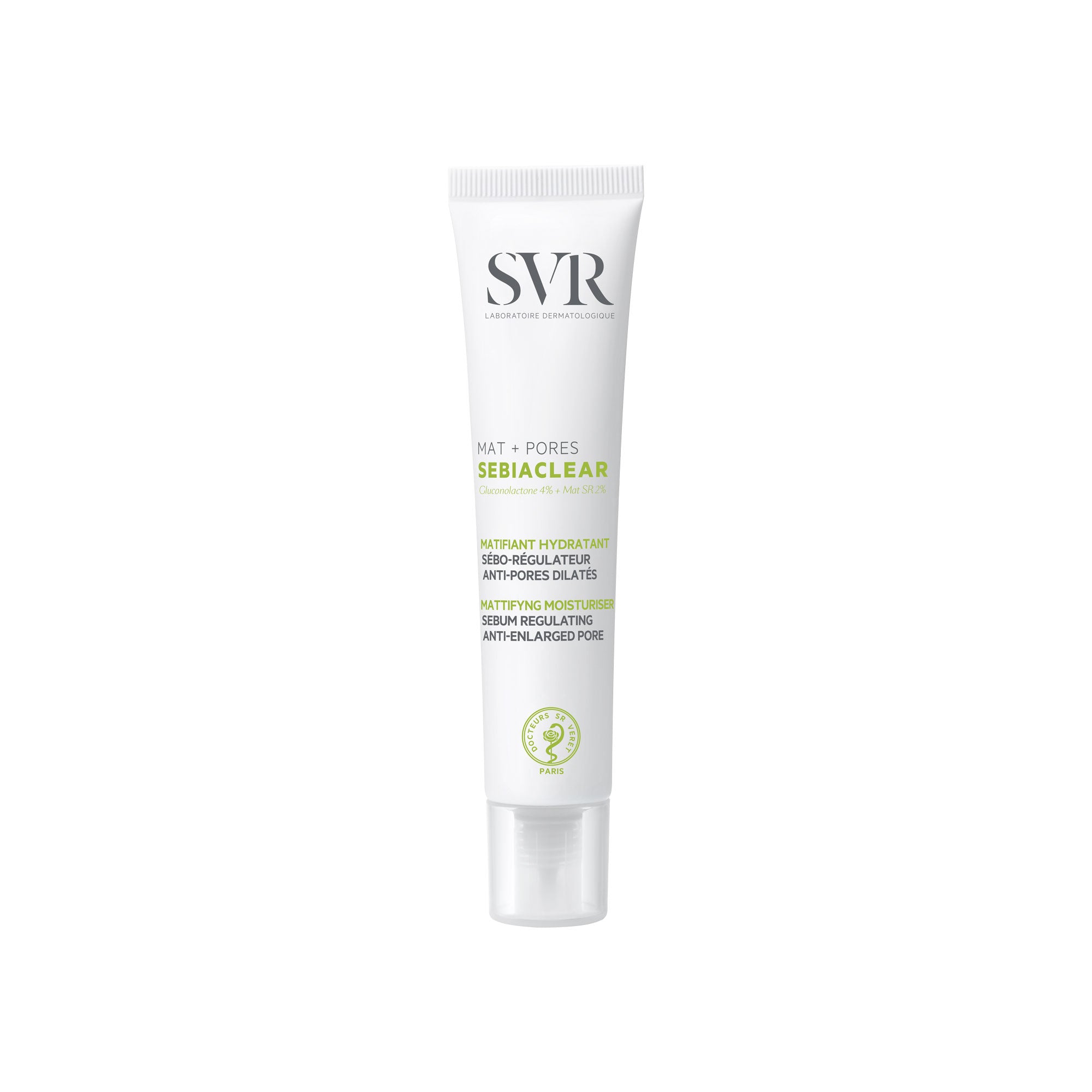 Tube blanc de soin matifiant SVR Sebiaclear Mat+Pores avec bouchon transparent, format 40ml pour peaux grasses.